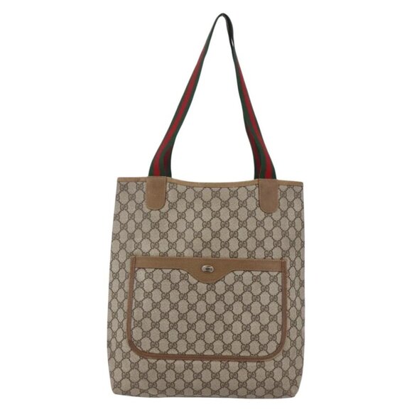 GUCCI GG Supreme Web Sherry Line Tote Bag PVC Leather Beige Red - Picture 2 of 15